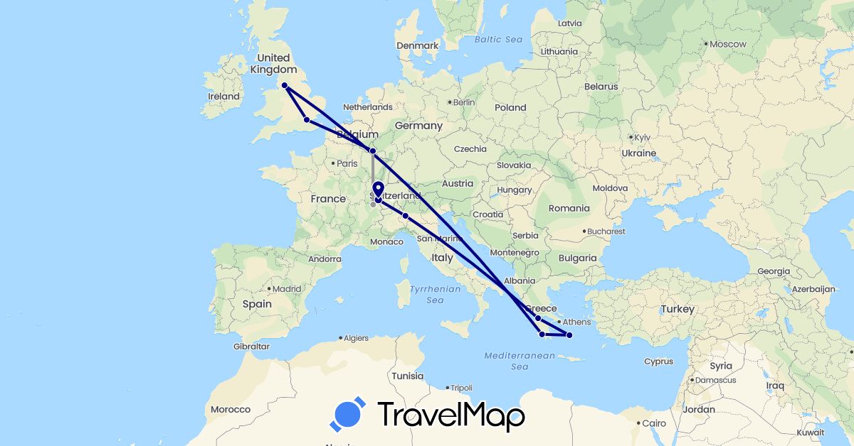 TravelMap itinerary: driving, plane in Switzerland, United Kingdom, Greece, Italy, Luxembourg (Europe)